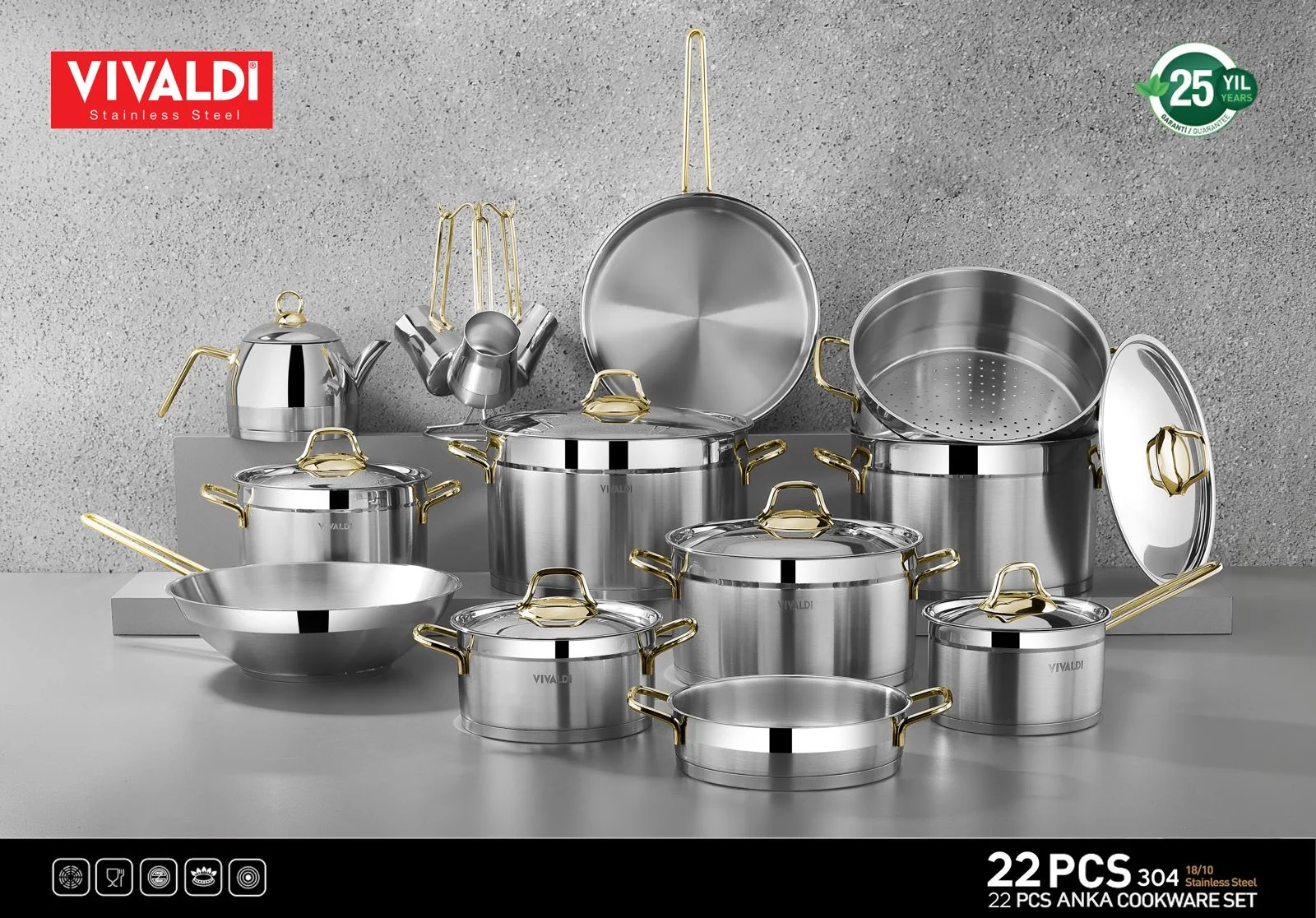 Gold-plated steel handles Anka Stainless Steel Cookware Set-منتجات ارشيا - مصر